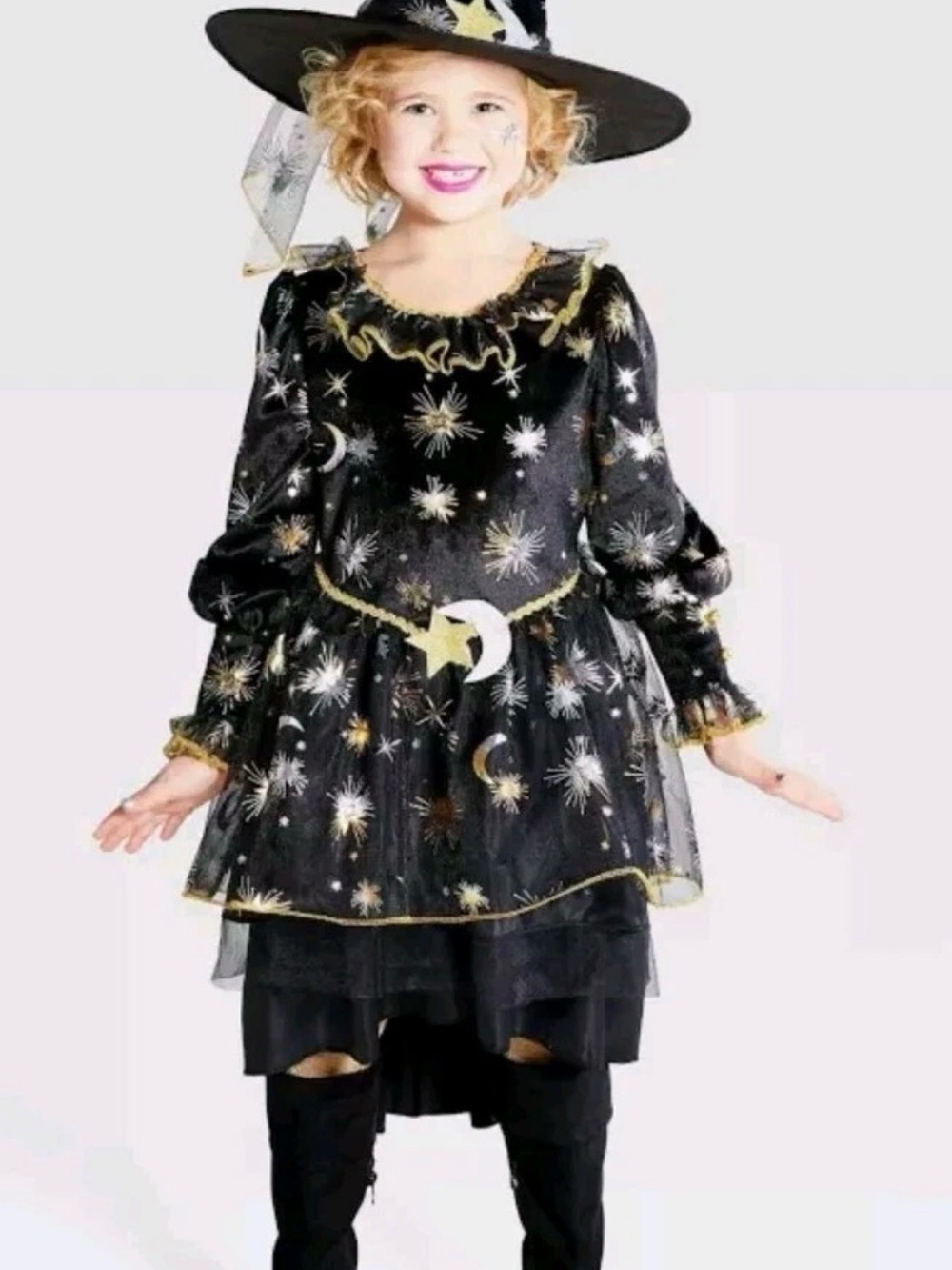 Halloween Celestial Kid’s Witch Costume Dress with Matching Hat, Size Small